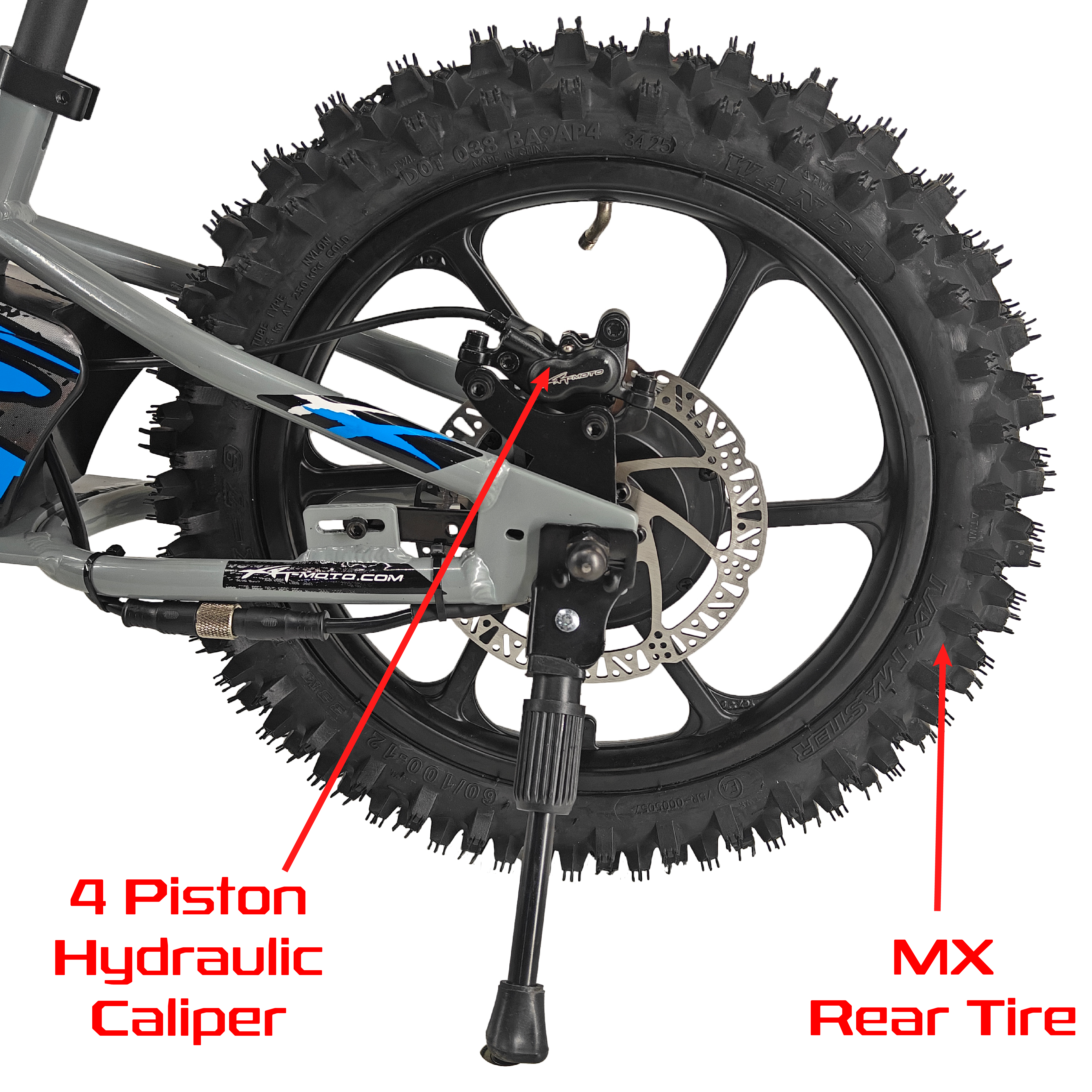 GT_PRO_rear_brake_wheel_MX_tires_kickstand_XRT_moto_4-piston_hydraulic_caliper_stacyc