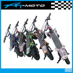 XRT-Moto dirt bikes lined up in a row on a white background with brand logo.kids_electric_bike_with_MX_plastic_kit